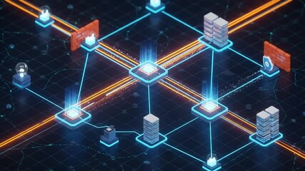 Digital Network Architecture: An intricate digital network architecture of interconnected nodes and pathways, forming a complex technological ecosystem symbolizing connectivity and data flow.