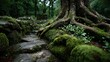 © Rehan - Tree roots wrapping around moss-covered stones representing ancient forest, strength, grounding, and natural life