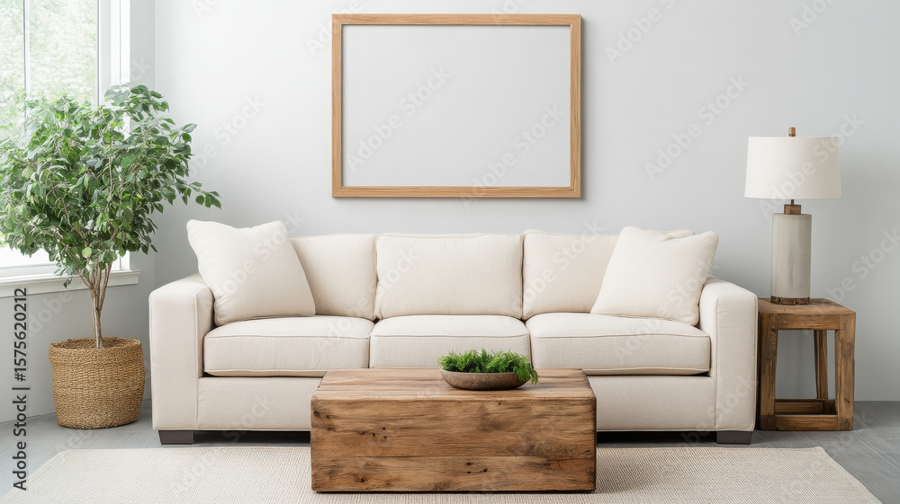 Beige sofa, wooden coffee table, indoor plant, minimalist living room, neutral decor