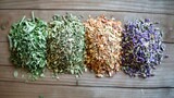 Assorted dried herbs and spices on wooden surface