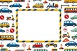 © inwinki - Colorful transportation border with cute cartoon vehicles. A playful frame with a car, truck, bus, and airplane for kids