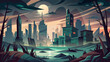 © koushkij - Abstract portrayal of a bleak and haunting cityscape shrouded in shadows and silence. Moody atmosphere. Vector illustration