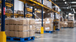 © Maksym - Warehouse interior focusing on rows of pallets holding brown paper bags, blue pallet color vividly contrasting with neutral tones, steel columns and safety signage visible, ready f