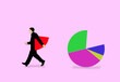 © Westend61 - Businessman taking a piece of a pie chart illustration on a pink background