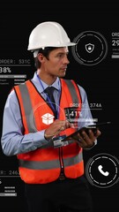 Wall Mural - animation of icons with data processing over caucasian male worker using tablet