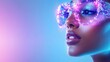 © mashimara - Futuristic Glimpse: A stunning profile of a woman's face is accentuated by glowing futuristic eyeglasses and ethereal, vivid, gradient colors.