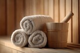 Relaxing spa experience with towels and wooden bowl cozy sauna still life warm atmosphere