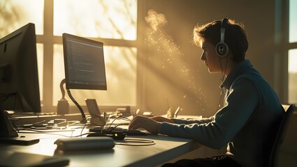 Young programmer coding with headphones on a sunlit desk, working meticulously