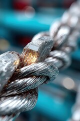 Wall Mural - close-up of intertwined silver cables with visible glowing fiber optics