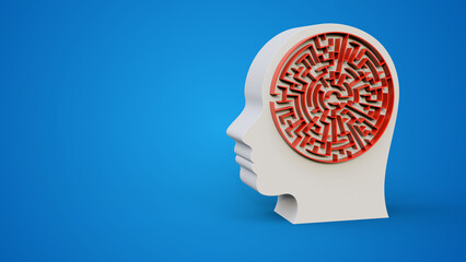 Human head in shape of maze or labyrinth on a blue background with copyspace. Concept of mental health. Human head and inside a maze.