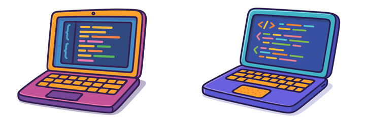 Wall Mural - digital laptops displaying colorful code with modern designs in bright hues suitable for coding enth