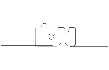 Continuous one line drawing of two puzzle pieces, Two connected puzzles line art. Jigsaw pieces continuous one line drawing. Vector isolated on white.