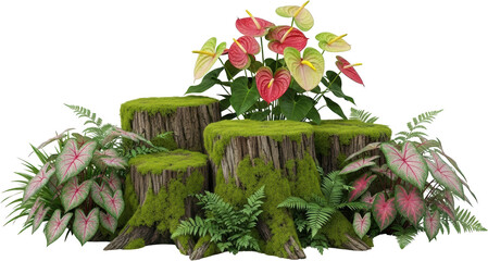 Moss covered tree stumps display vibrant anthurium flowers and leafy caladium plants in a forest floor arrangement