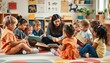 © Gyant - Diverse group of preschoolers sitting in a circle reading storybooks with a teacher, warm cozy classroom, joyful learning atmosphere 2