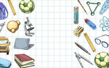 Hand drawn vintage sketch of school supplies and science items set on squared notebook paper, colored vector illustration