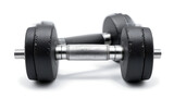 Two black dumbbells sit on a white background, representing fitness, strength training, and a healthy lifestyle.