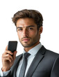 © MonoCrafted - Businessman holding smartphone office portrait professional confidence. Isolated on transparent background, png.