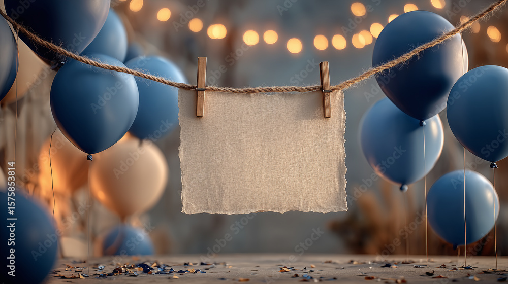 Hanging empty paper note on rope with blue balloons and string lights ...