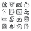 © Innovator587 - Banking and finance line art icons. bank building, ATM icon, checkbook, savings account, interest icon, transaction slip, secure vault, account balance, banking card, money deposit