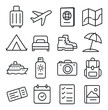 © Innovator587 - Holiday Planning line art icons. suitcase, airplane, passport, travel map, tent, hotel bed, hiking boots, beach umbrella, cruise ship, sunscreen, camera, backpack, boarding pass,