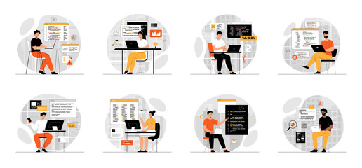 Wall Mural - bundle of software development programming coding concepts with people scene in flat cartoon design.