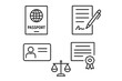 © Jannes - Legal documents line icon set. Vector symbols of law, justice, id card, passport, certificate, license, contract signing. Identity verification and agreement concept.