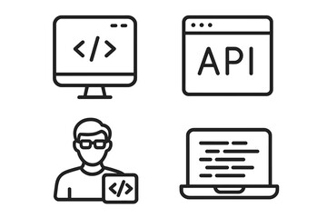 Programming and Coding Web Icons Set. Line Style Software Development Symbols. Code, API, Programmer, Developer, Web, Mobile App, IT, Coding, Technology, Interface, Script, Digital