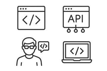 Web Development and Programming Line Icons Set: Code Symbol, API Interface, Programmer with Speech Bubble, Laptop Coding, Software Developer, Information Technology, Web and Mobile App Design