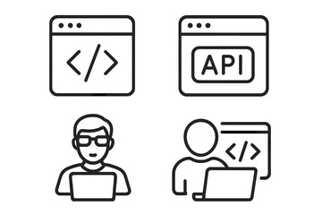 Set of 4 Line Style Web Icons for Programming, Coding, API, Software Development, Programmer, Developer, Information Technology, Web and Mobile Application