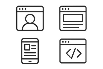 Set of 4 Web Interface Line Icons – User Profile, Web Page, Mobile App, Code Symbol – Minimal UI UX Design for Website and App Development