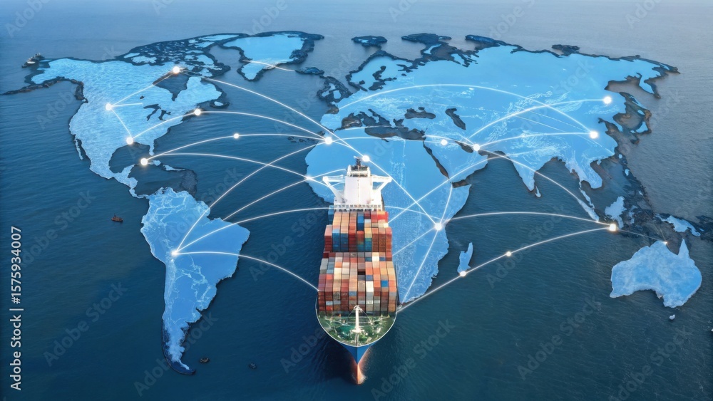 A cargo ship sails on the ocean with a digital world map overlay ...