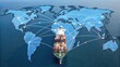 © Johnnii - A cargo ship sails on the ocean with a digital world map overlay, showing global shipping routes connecting continents.