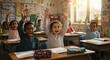 © thiago - A group of diverse and excited children raising their hands in a classroom.