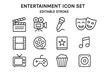 © Anna - Entertainment icon set. Movie, cinema, film, video, music, gaming, theater concept. Vector line icons. Clapperboard, camera, microphone, tv, gamepad, popcorn. Editable stroke.