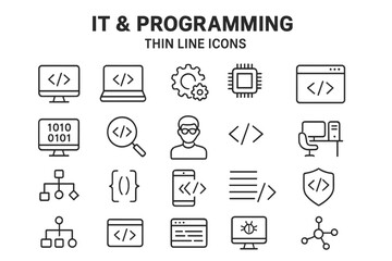 IT Programming Thin Line Icon Set. Coding, Software Development, Computer, Binary, Algorithm, Microchip, Code Window, Debugging, Data Structure, Cyber Security, Mobile App, Network