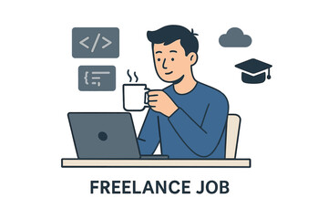 Man Freelancer at Desk Working on Laptop, Drinking Coffee. Freelance Job Concept. Developing Programming, Coding Technologies. Remote Work from Home.