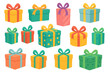 © Michael - Colorful gift box vector set. Collection of presents with ribbons for birthday, Christmas, holiday celebration. Surprise packages illustration isolated. Cartoon flat design icon.