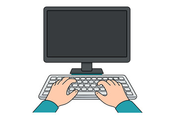 Hands typing on computer keyboard. Blank monitor screen mockup. Work from home concept. Office worker, programmer, student. Online education, data entry, coding, technology.