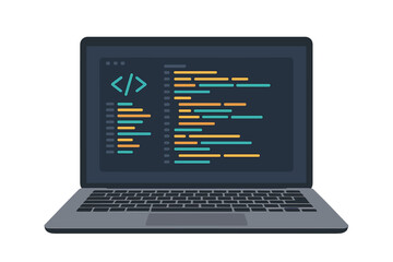 Wall Mural - laptop with programming code on screen vector illustration. concept for software development, app co