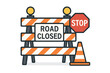 © Michael - Road closed concept. Traffic barrier with stop sign and cone. Roadwork safety barricade. Caution, warning, and detour symbol. Under construction page flat vector illustration.