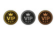 © Michael - VIP Membership Badge Set. Luxury VIP Icons with Crown and Stars. Gold, Silver, Bronze Round Labels. Three VIP Levels. Exclusive Club Member Tag. Premium Access Vector Illustration.
