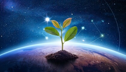 Wall Mural - a tree sapling that has begun to grow on a cosmic space planet astrology and biology of the universe