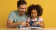 © NN AI - Happy father and daughter reading book together against yellow background. Man in mint shirt with curly haired child pointing at pages. Family education and bonding concept