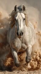 Naklejka na meble Magnificent white horse galloping across sandy terrain with dust swirling in the air during a bright sunny day