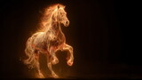 A powerful horse with glowing eyes and body surrounded by orange fire. Fiery equine power. Digital art for fantasy or mythical themes.