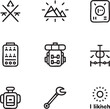 © ico-vect - Hand drawn black and white icon set featuring outdoor adventure and utility symbols outline