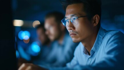 dedicated asian software engineers collaborate on ai solutions during a late-night coding session.