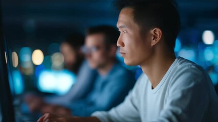 Wall Mural - software engineers collaborate on ai challenges in a late-night innovation hub.