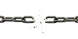 Metal chain breaking apart with debris isolated on a transparent background broken link
