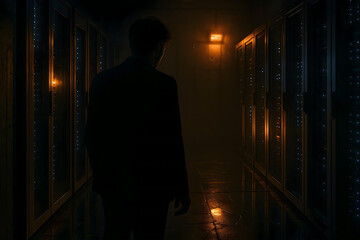 a silhouette man stands in a server room illuminated by blinking lights, creating a mysterious, tech